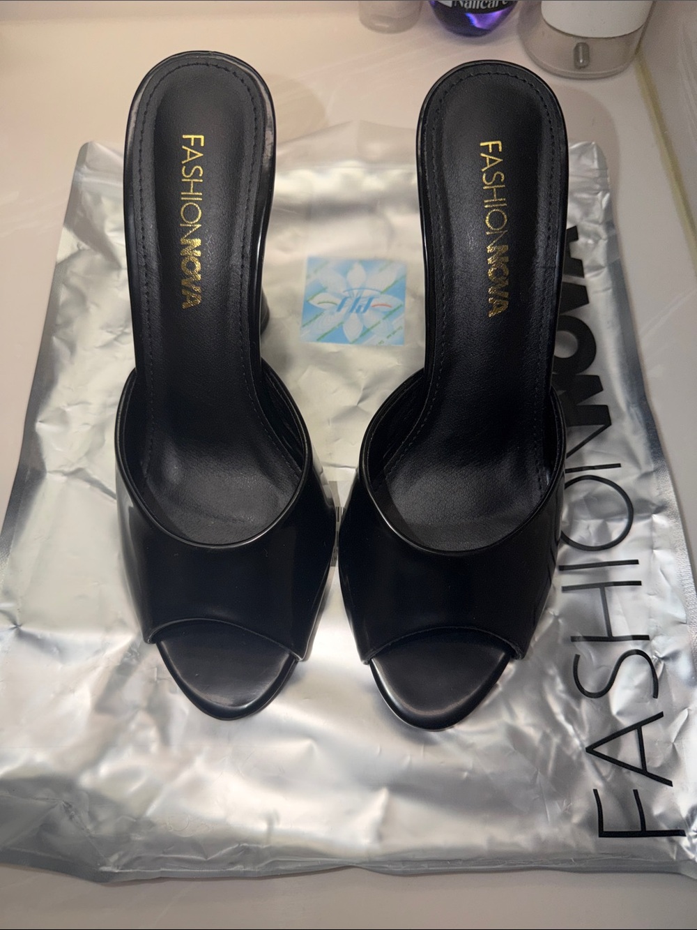 Fashion Nova Black Peep-Toe Slide Heels